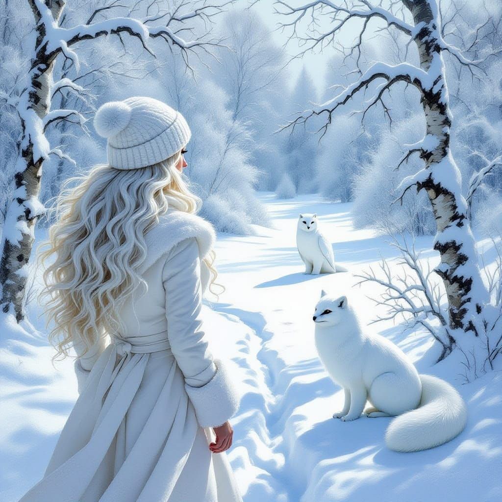 Woman in White Impressionist Painting with Snowy Landscape