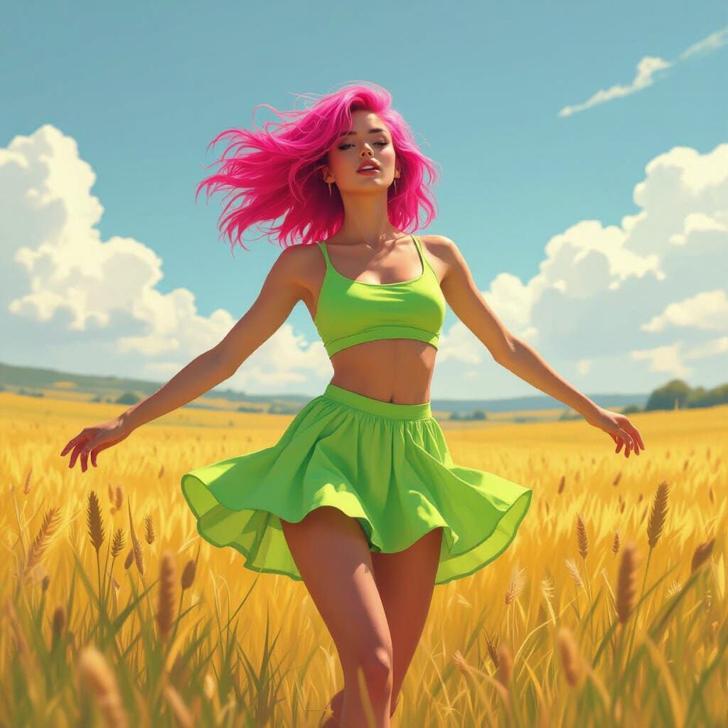 Neon-Haired Woman Dancing in Sunlit Field, in Cyberpunk Styl...