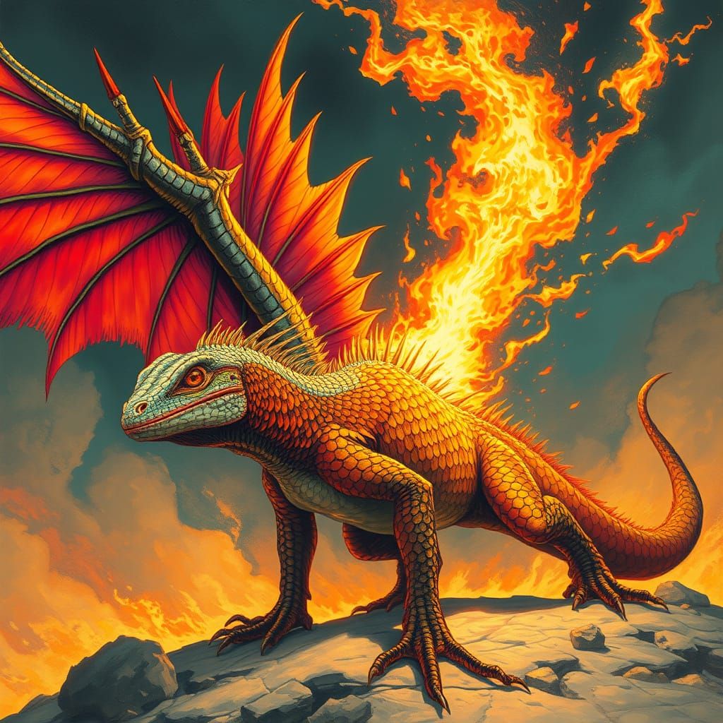 Majestic Winged Lizard Breathes Fire