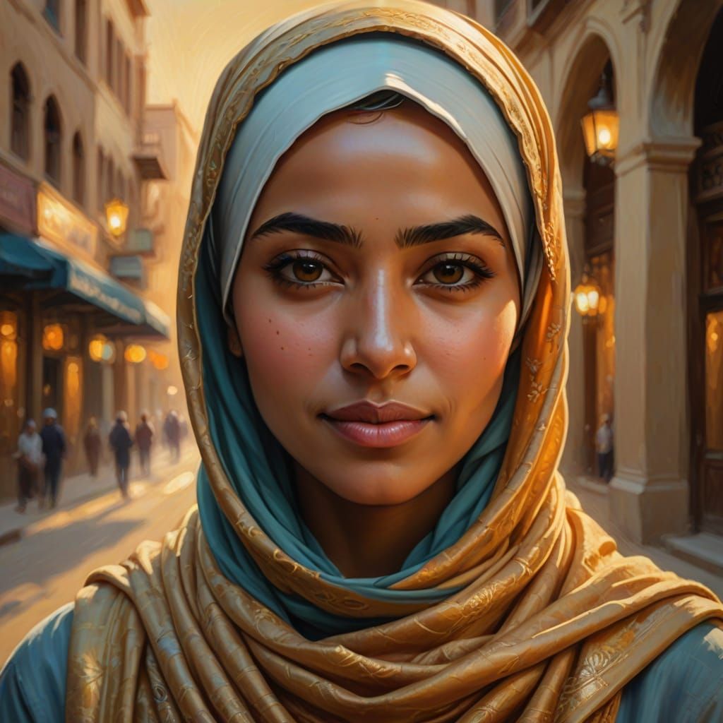 Golden Hijab Portrait in Oil Painting Style