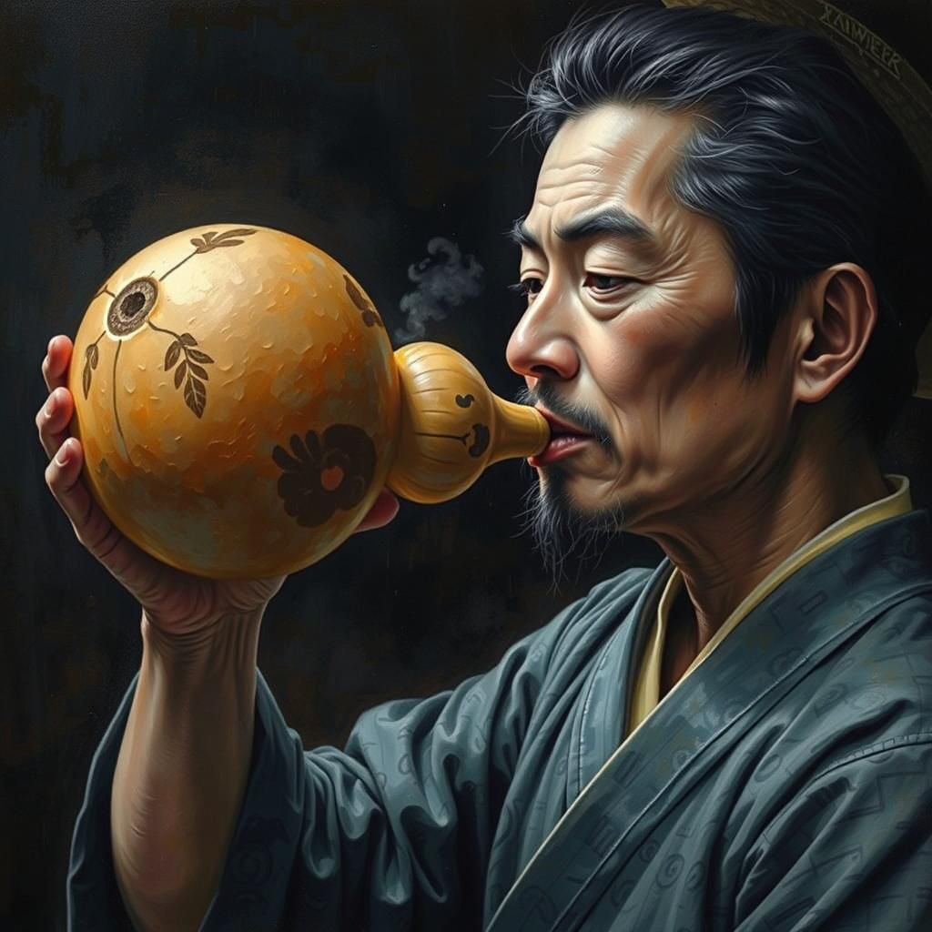 Japanese Man in Kimono Drinking from Gourd in Sumi-e Style