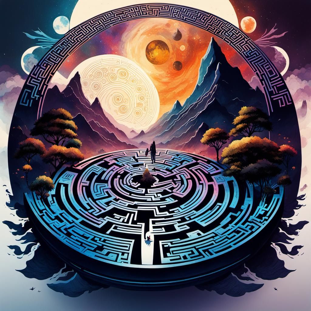 Yin Yang Labyrinth: Detailed Ink Drawing