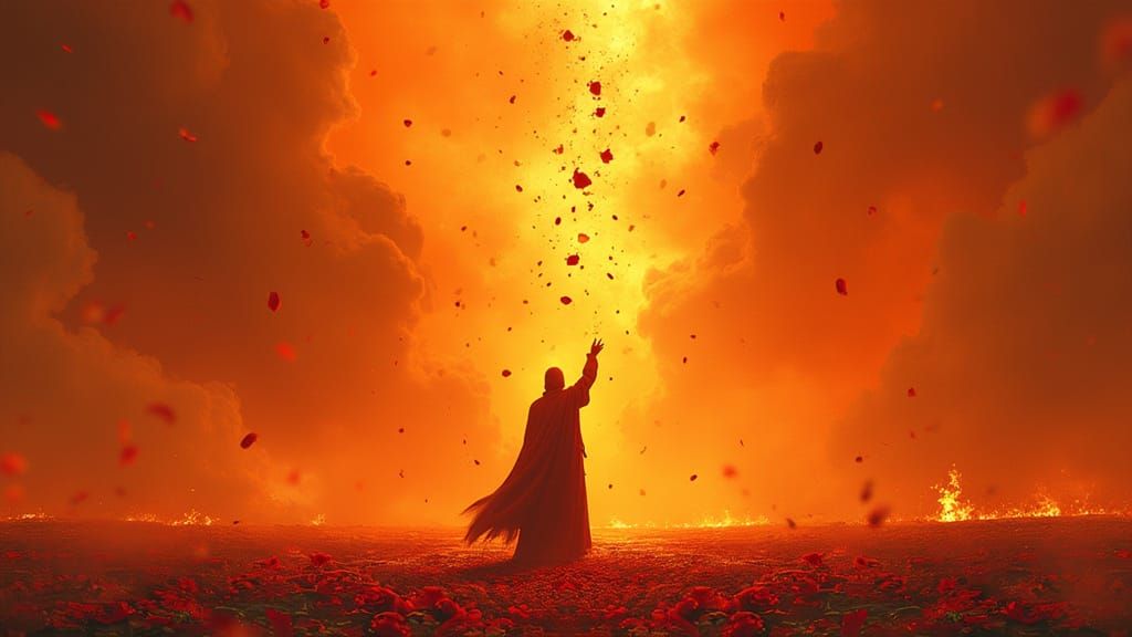 Ethereal Figure Amidst Fiery Landscape