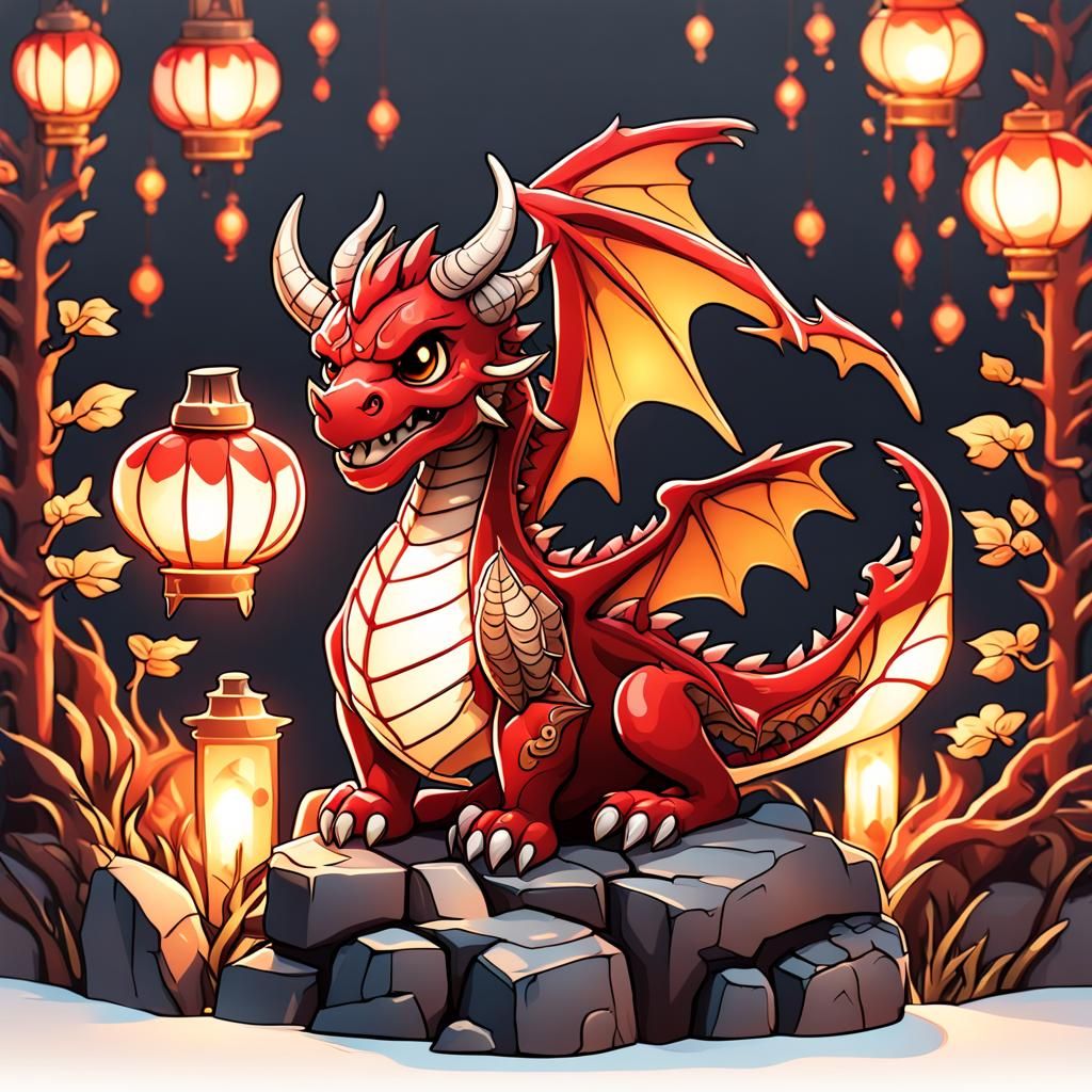 Kawaii Red Dragon Sticker with Lanterns