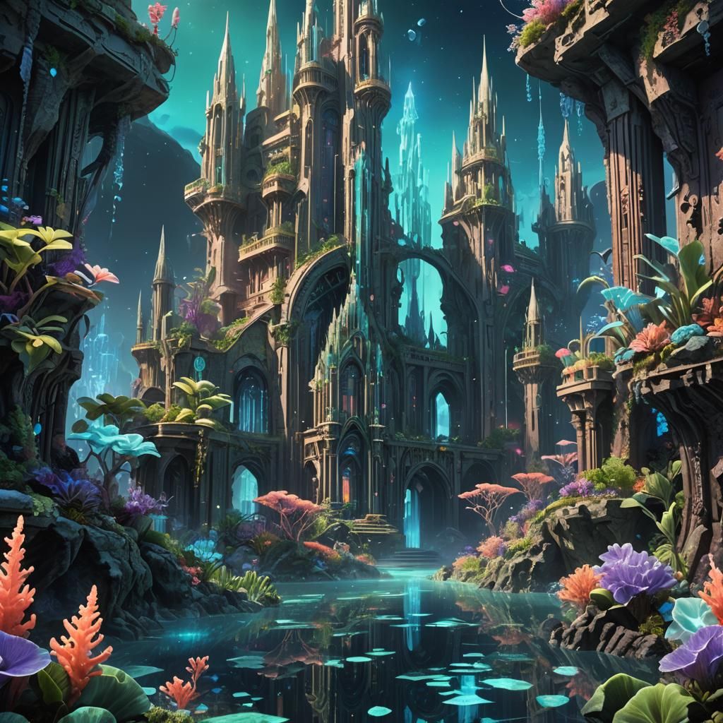 Atlantis Cityscape with Bioluminescent Plants