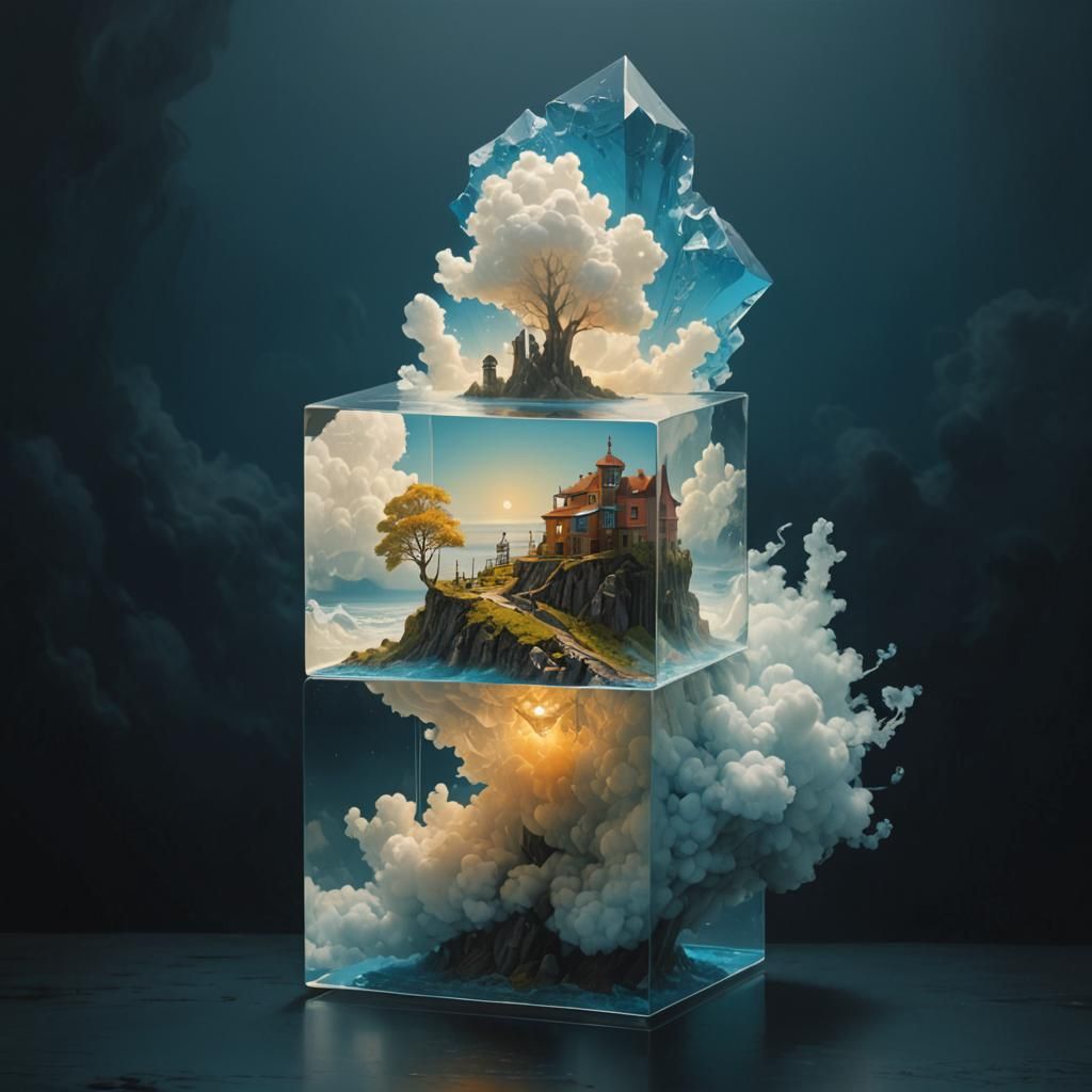 Crystal Cube Planet in Ethereal Mist