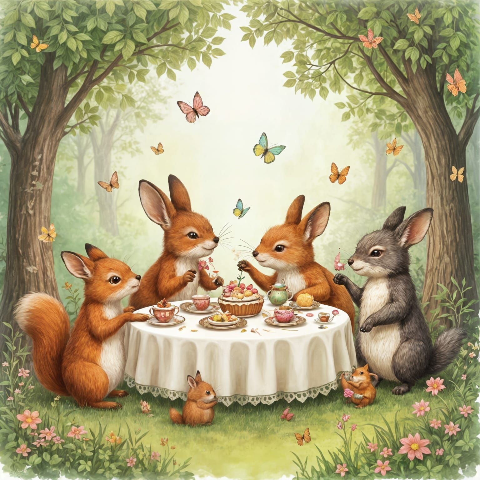 Whimsical Woodland Tea Party in Soft Watercolor