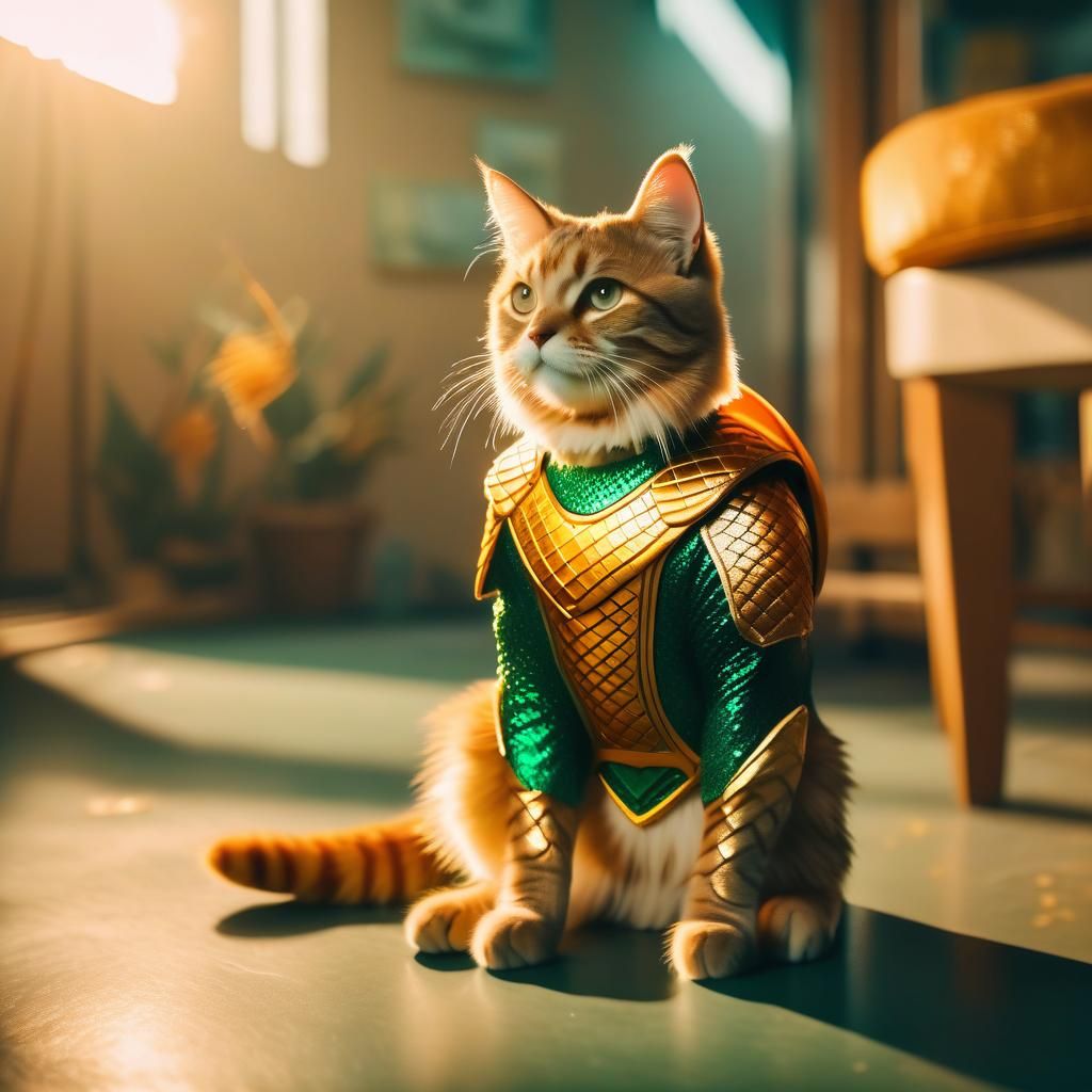 Cute Cat in Aquaman Costume: Cinematic Film Still