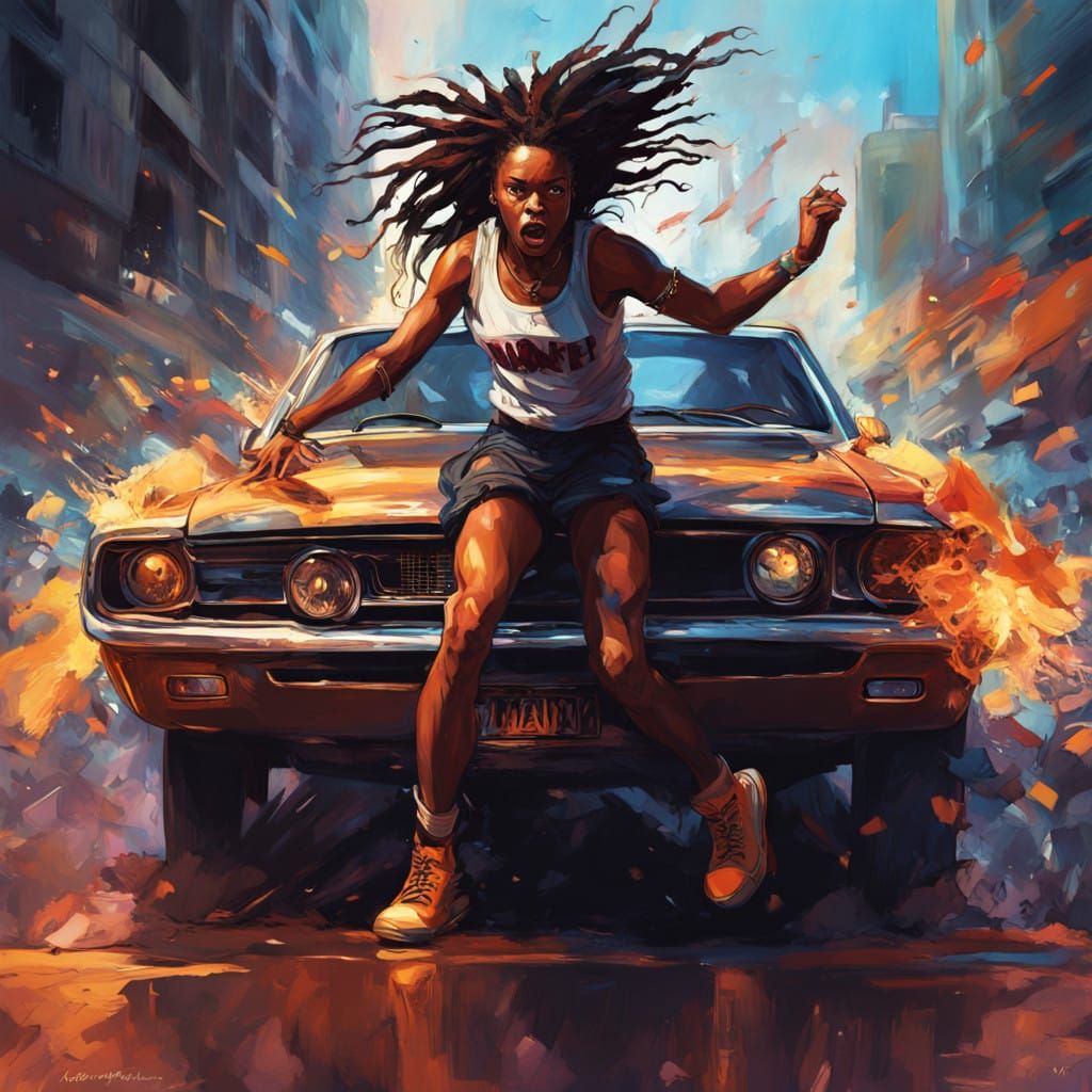 Dynamic Street Scene: Woman Jumps by Muscle Car