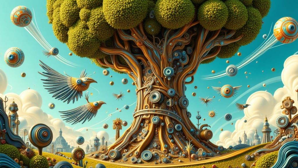 Steampunk Tree City with Metallic Pathways and Drones