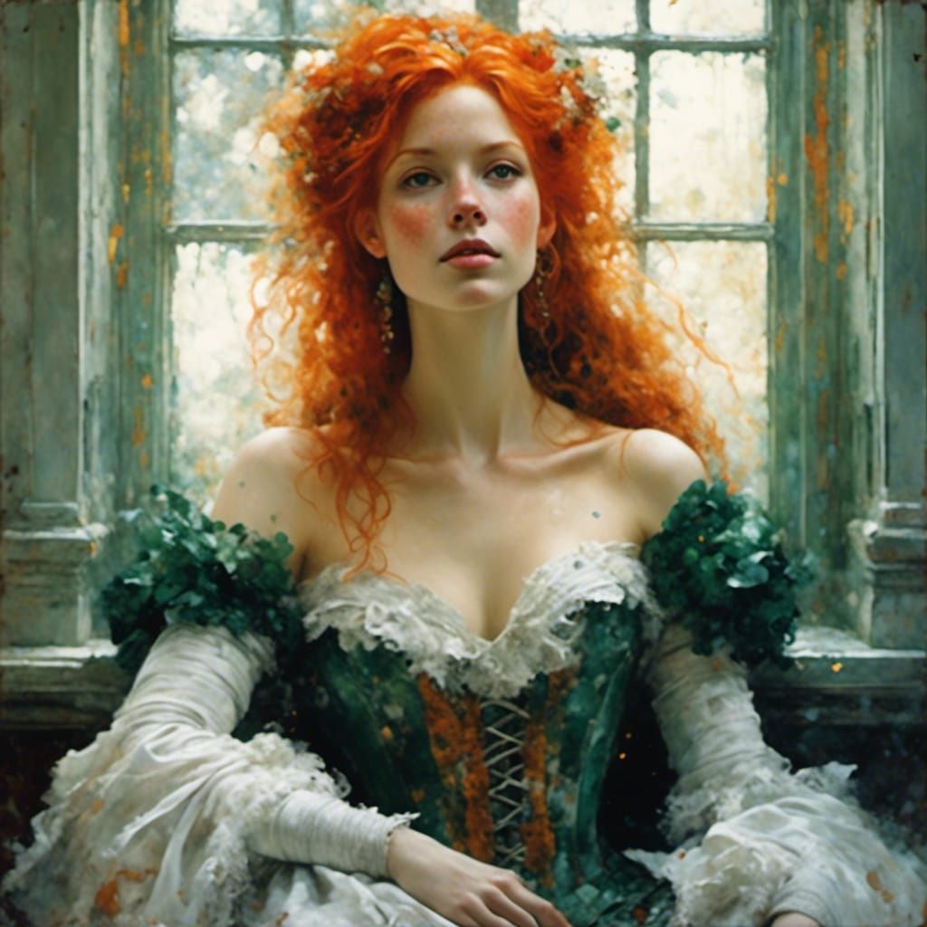 Red-Haired Woman by Window in Figurative Style