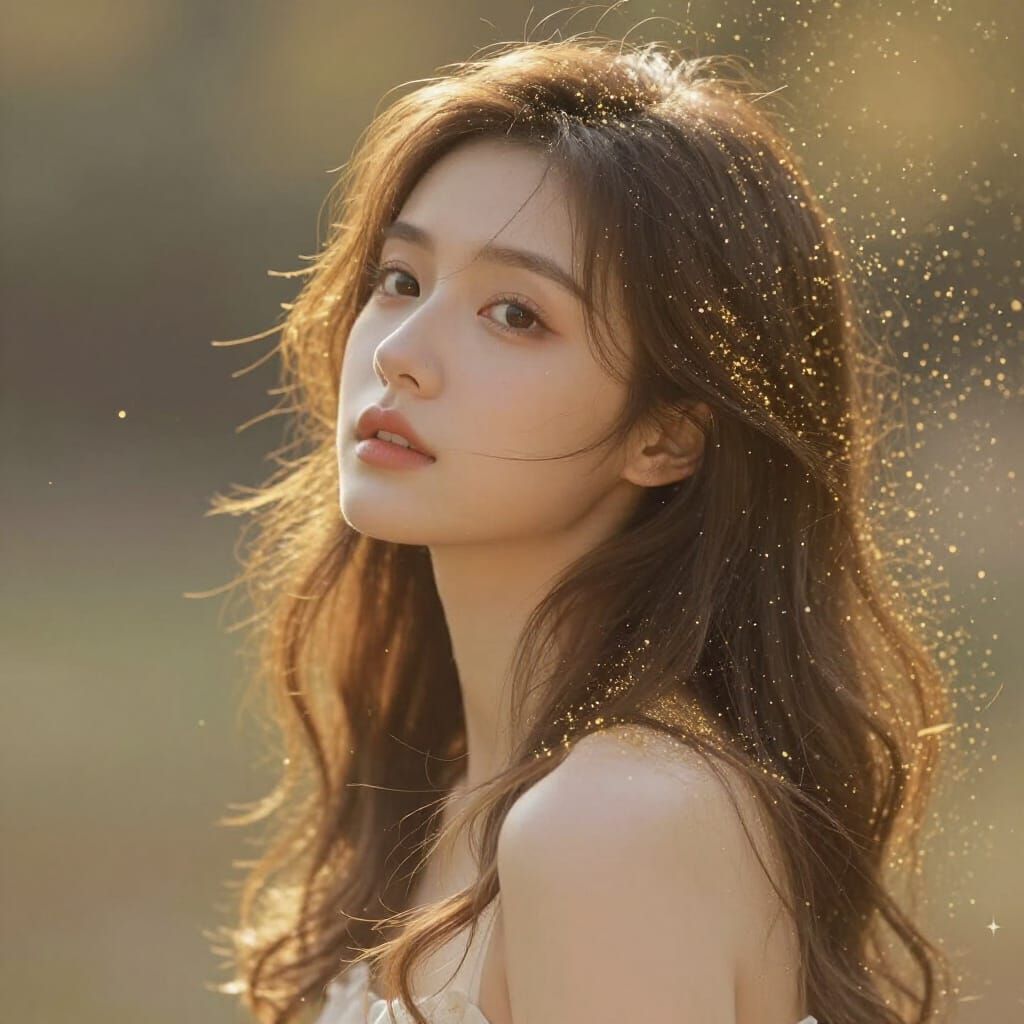 Ethereal Woman Adorned with Golden Pixel Dust