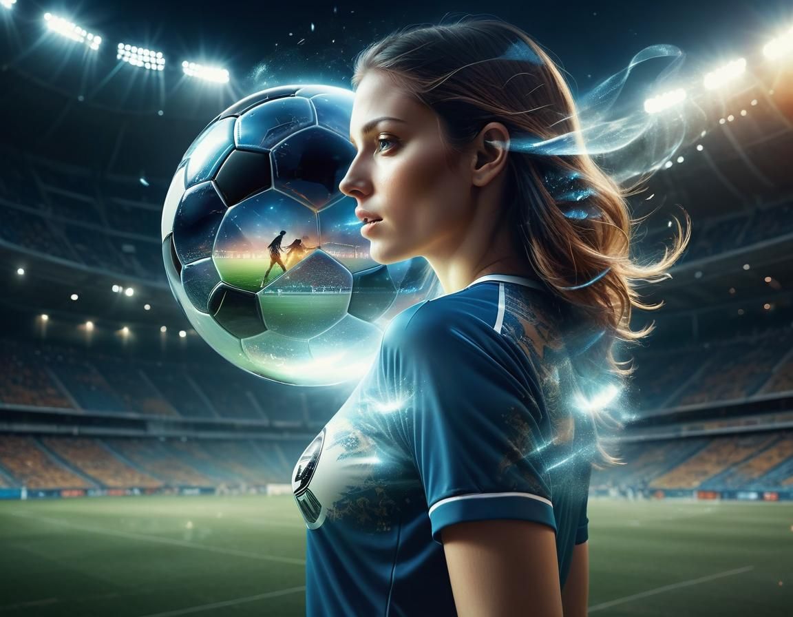Double Exposure: Woman and Football in Hyperrealistic Style