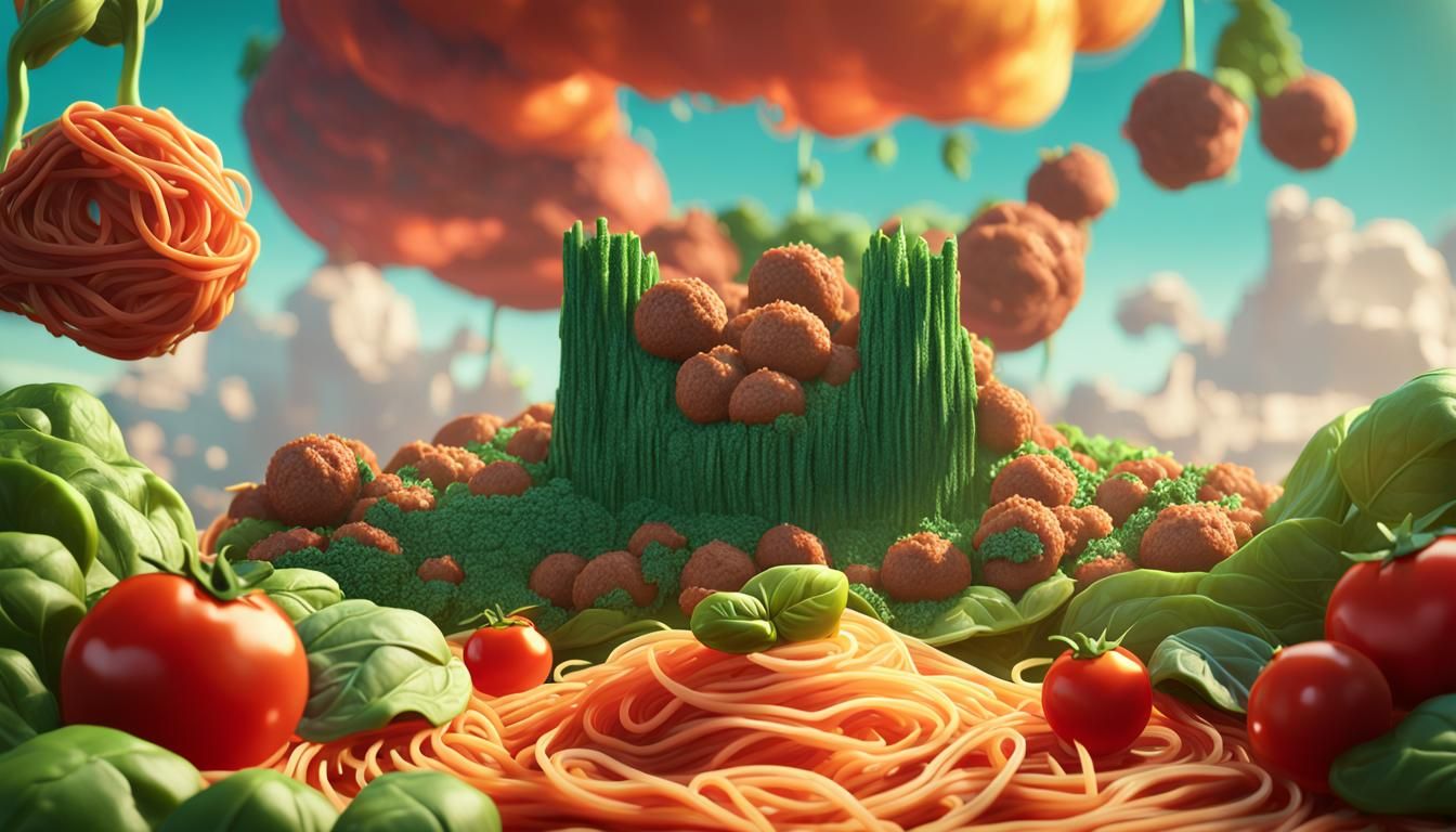 Edible Landscape Made of Spaghetti and Meatballs