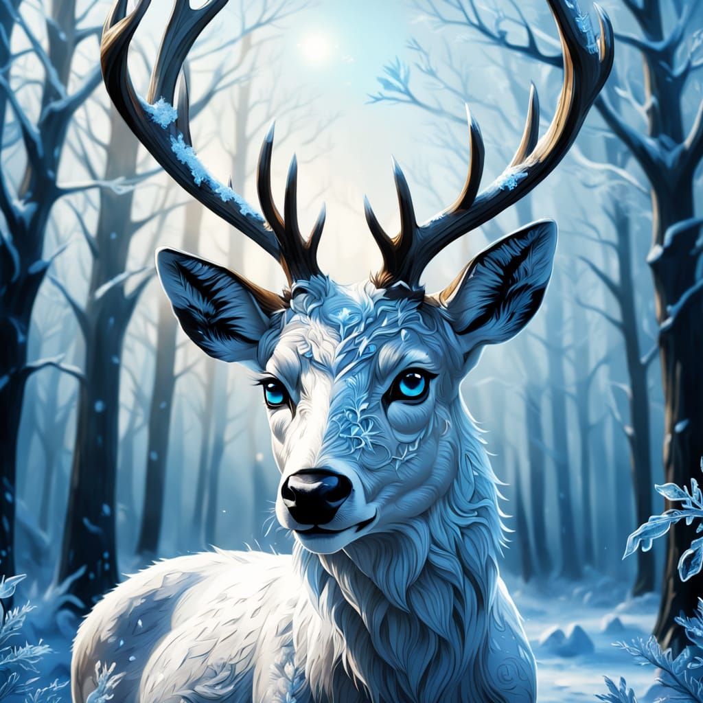Icy Blue-Eyed Buck Deer in Comic Book Style