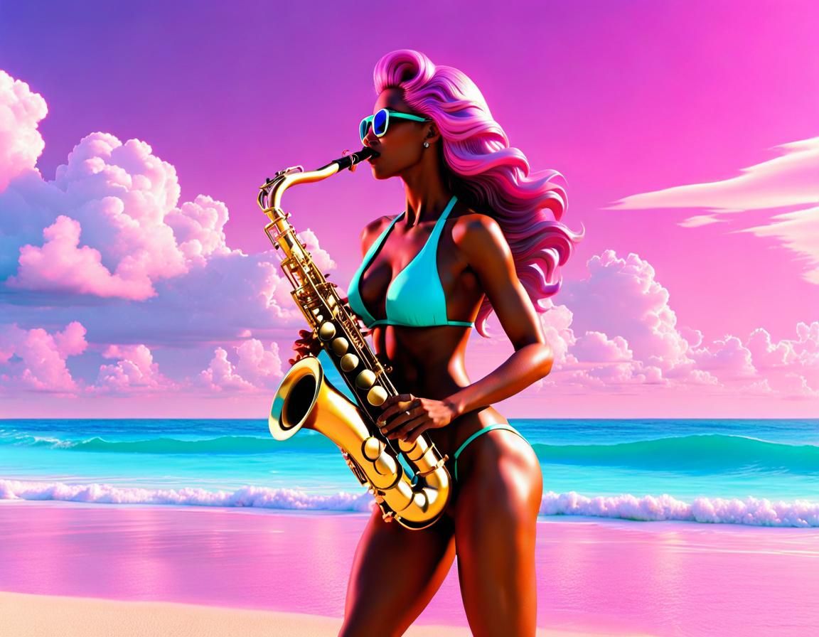 Bikini Woman Plays Saxophone: Vaporwave 3D Rendering