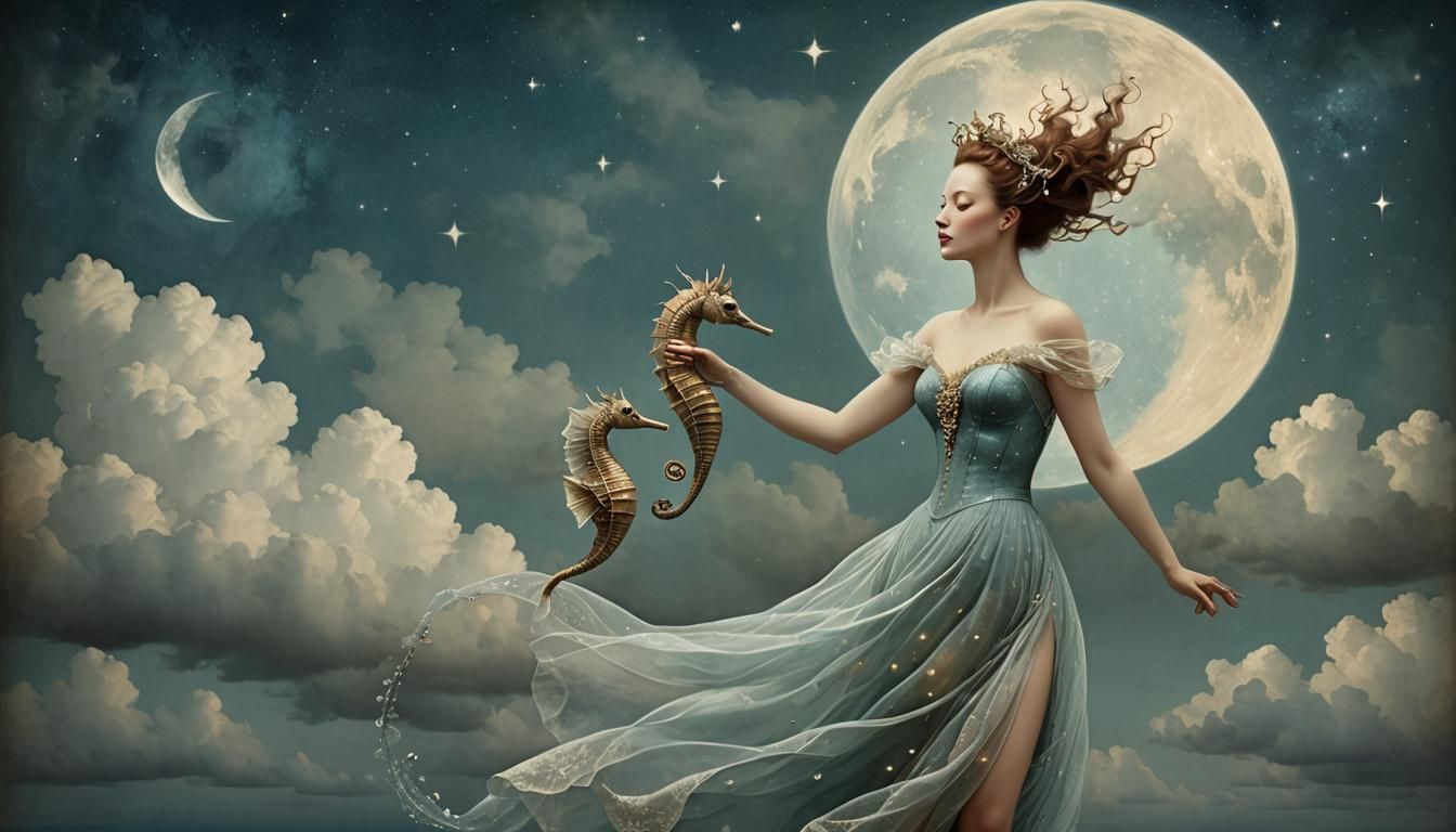 Surreal Woman Flying with Seahorse Under Bioluminescent Moon