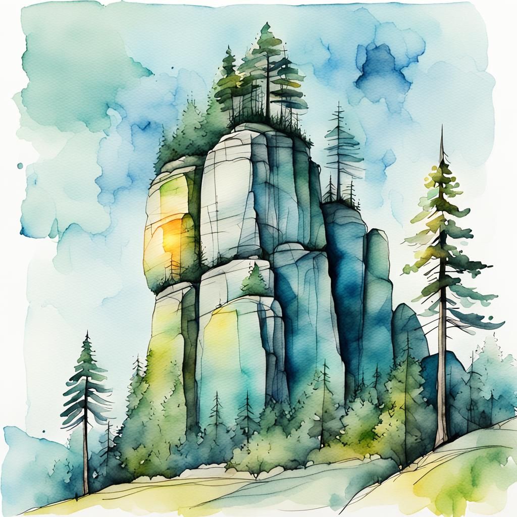 Whimsical Watercolor of Precarious Rock Formation