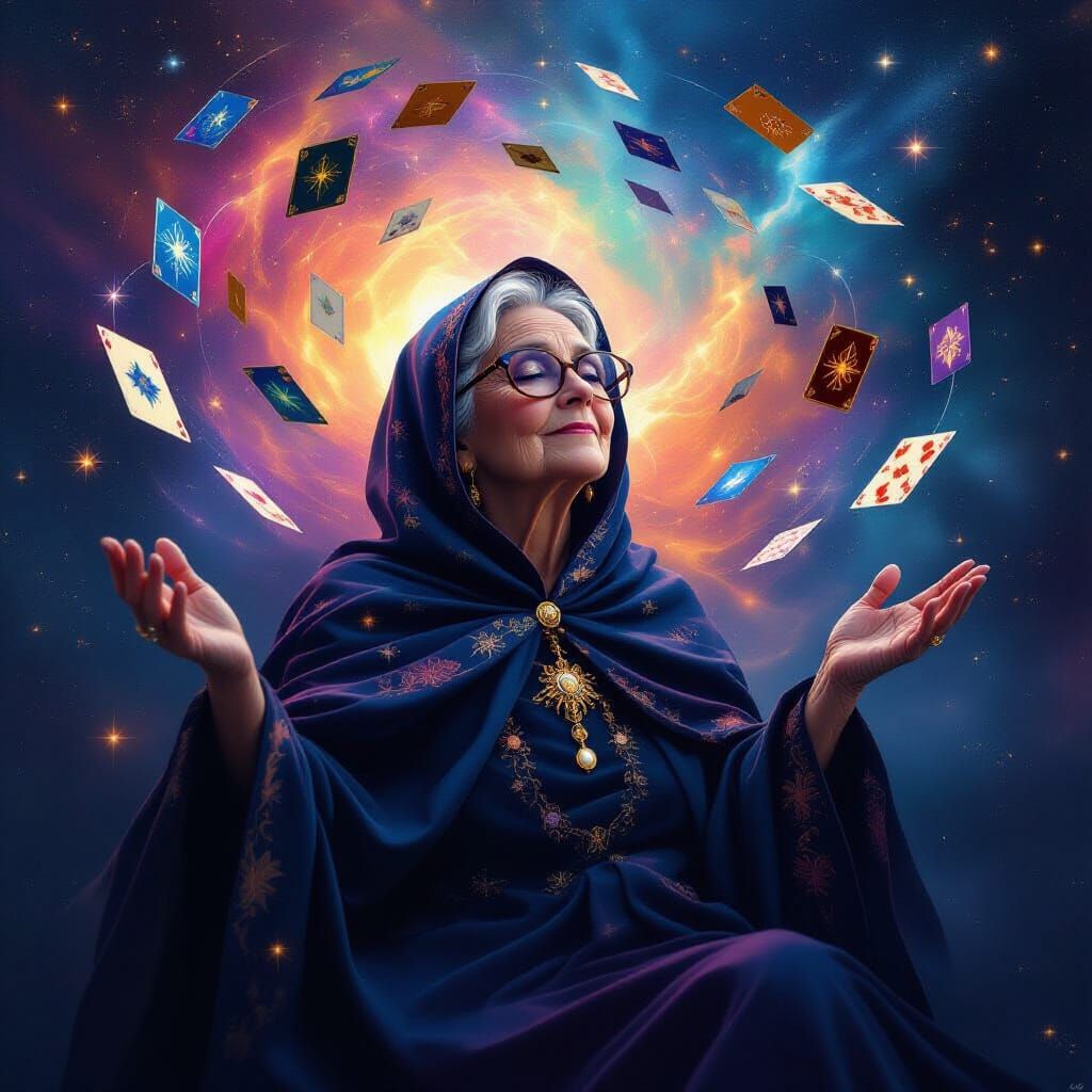 Mystical Black Woman Floating in Nebula, Cyberpunk Art