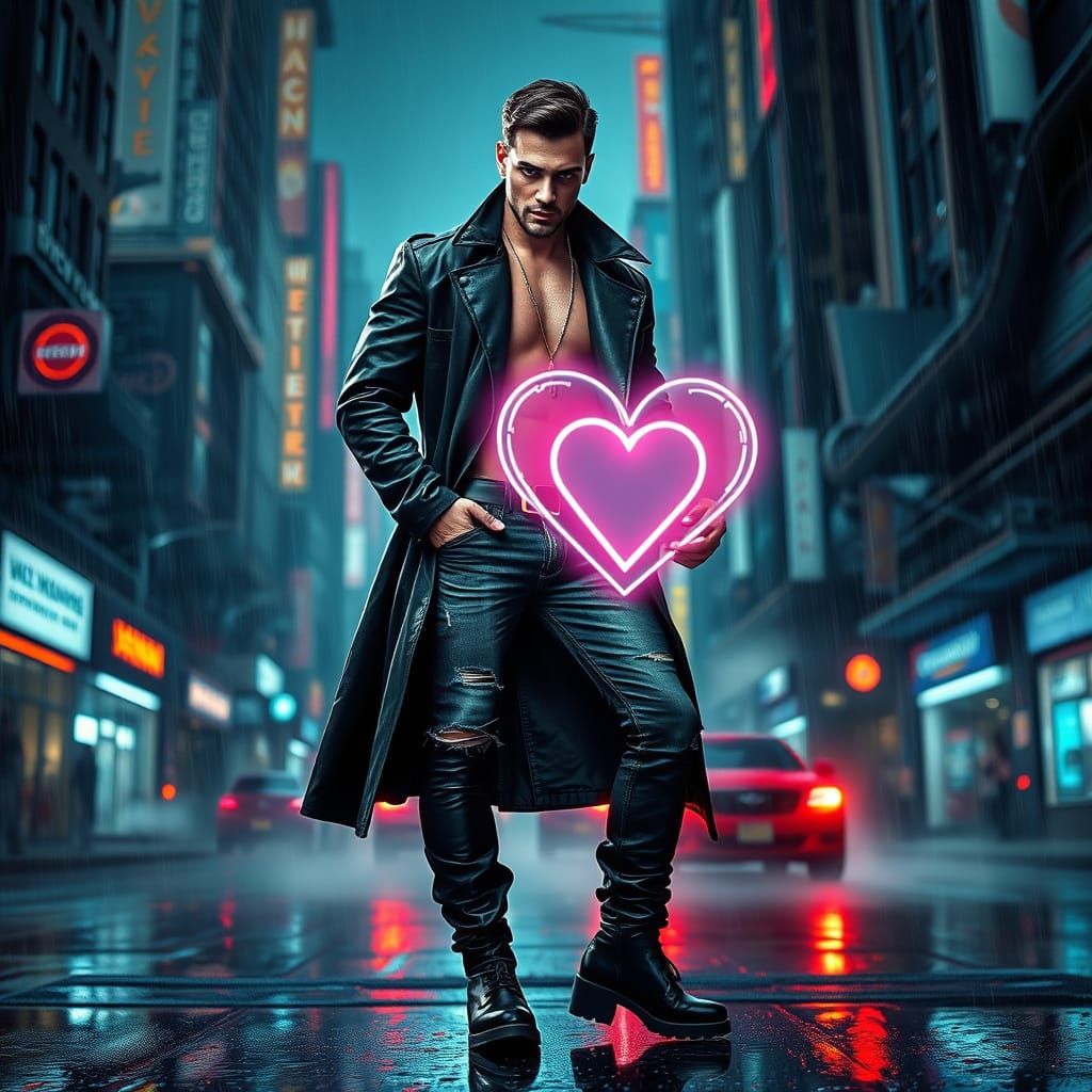 Seductive Cyberpunk Valentine's Pin-up in a Futuristic Duste...