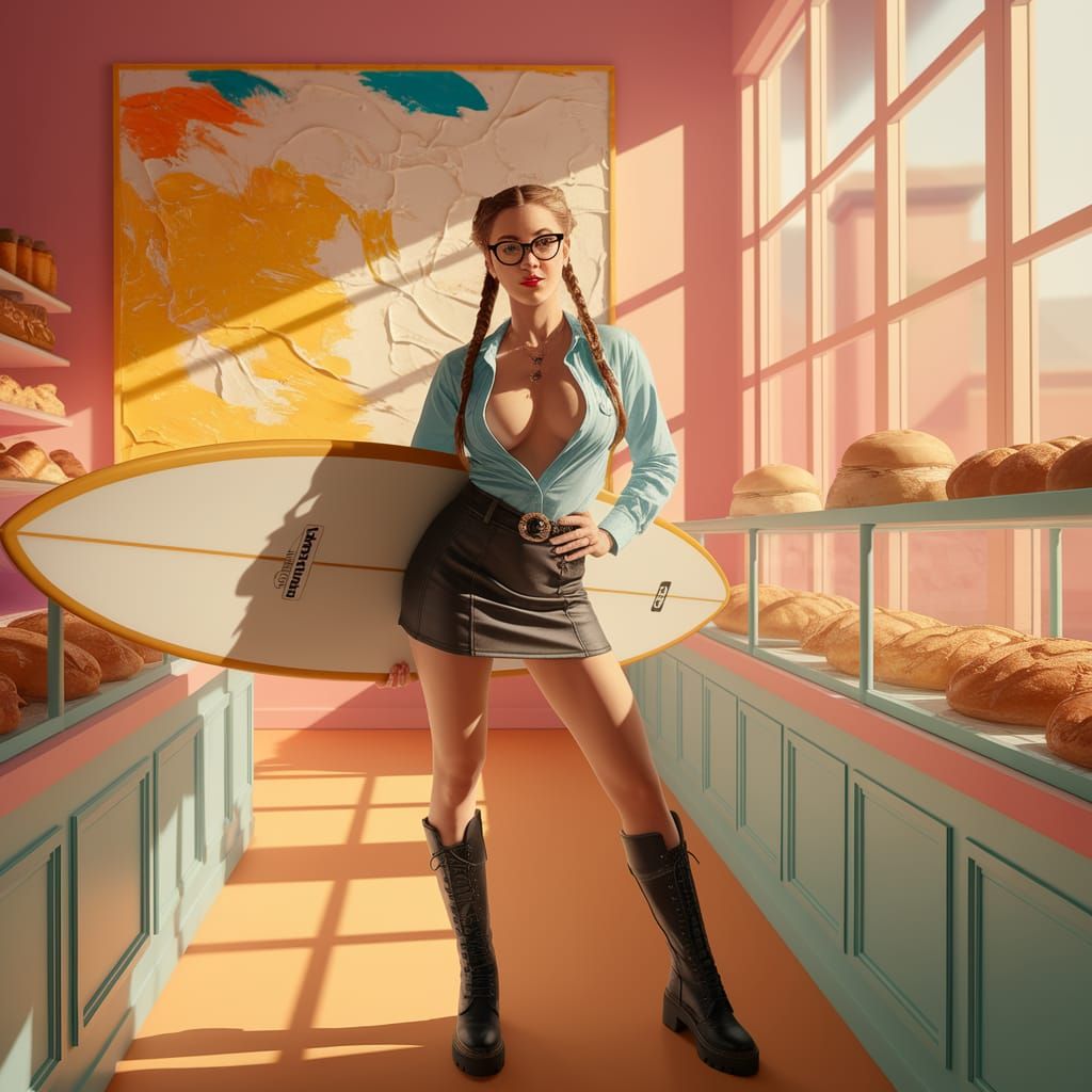 In a bakery with a surfboard