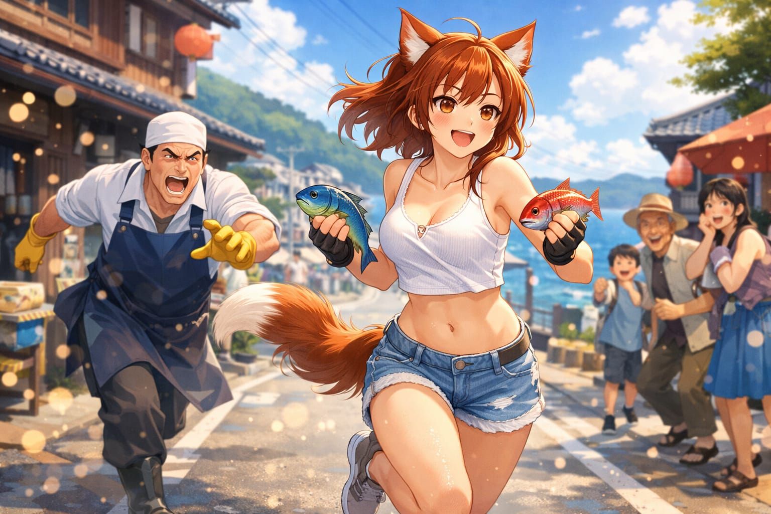 Anime Cat-Woman Steals Fish in Japanese Town