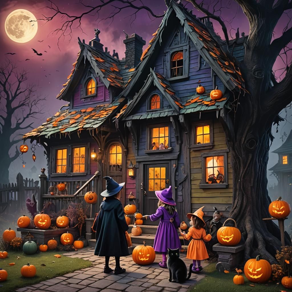 Children Trick-or-Treating at Witches House on Halloween