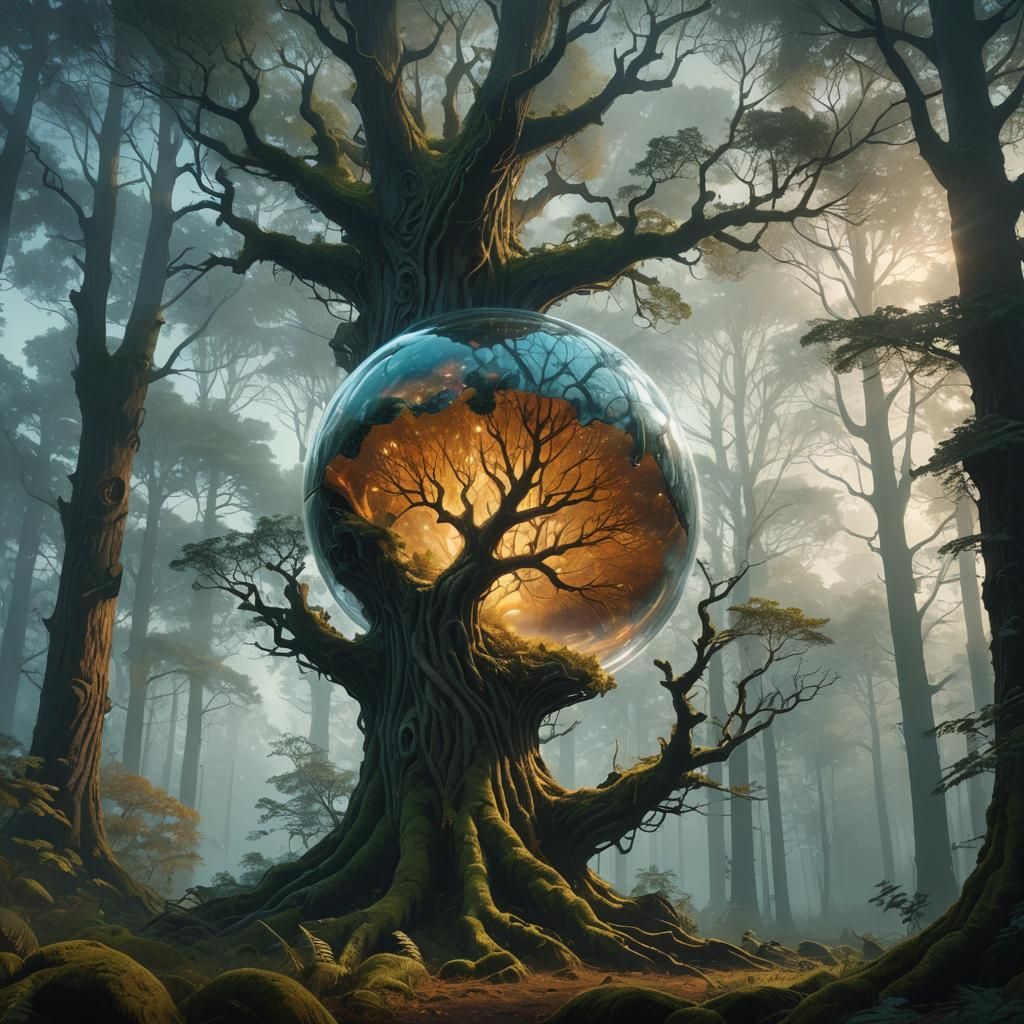 Tree Encased in Glass Shell in Forest