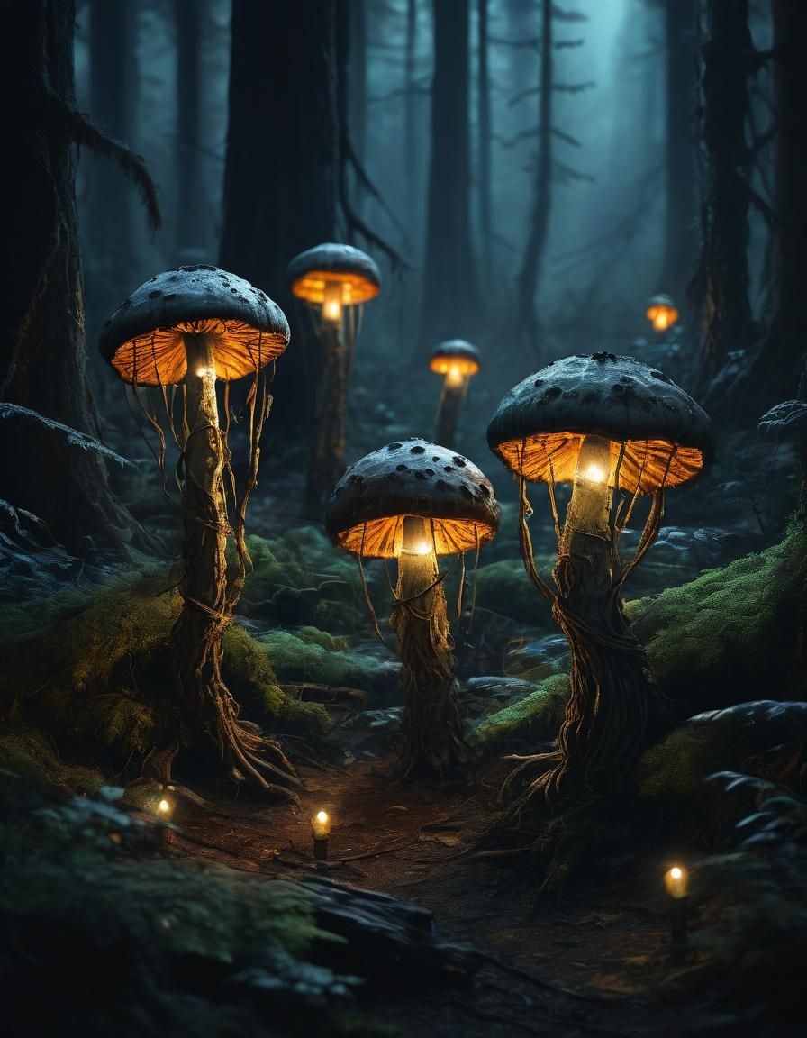 Mushroom Mummies Yelling in Deserted Forest with Lanterns