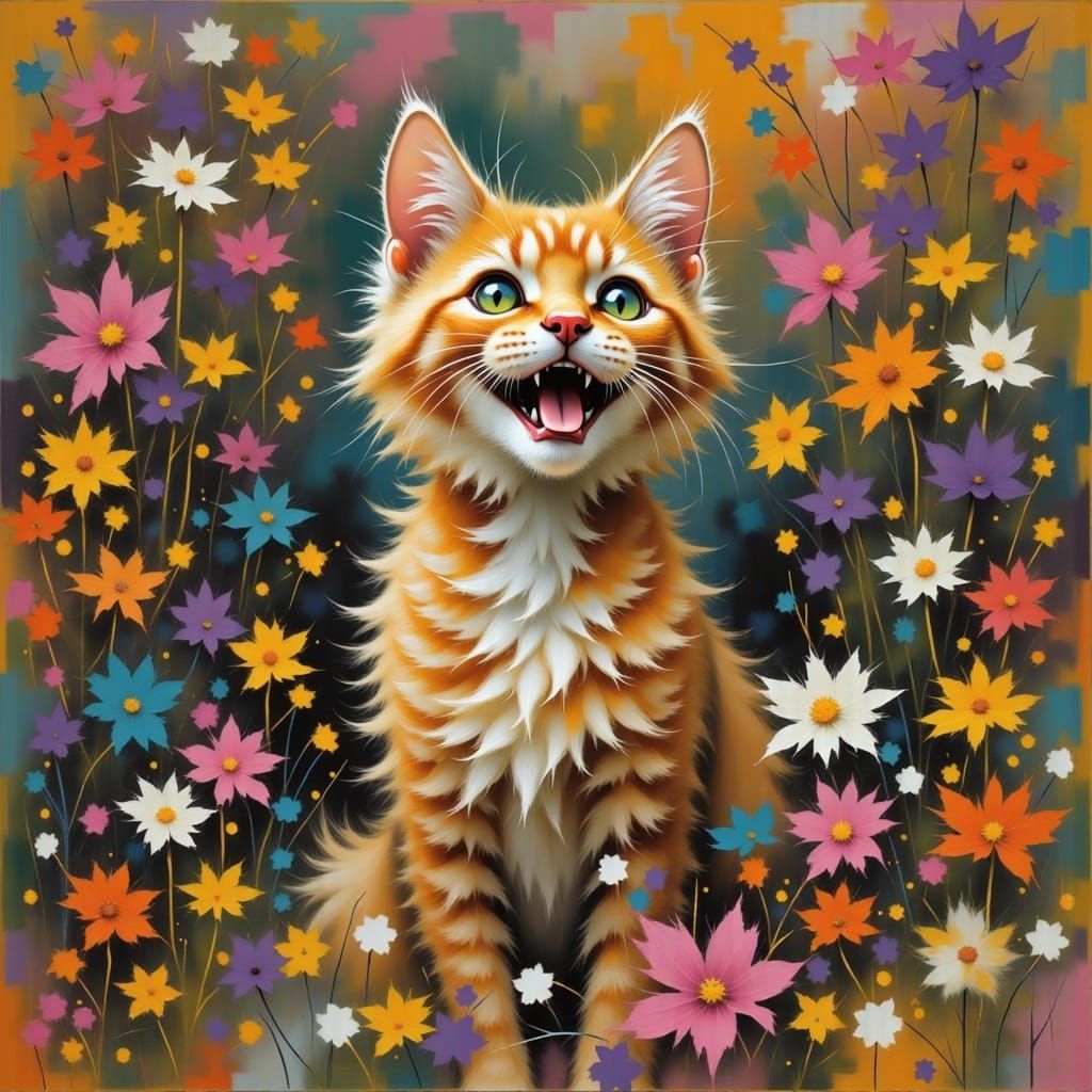 Whimsical Feline in a Vibrant Garden Scene