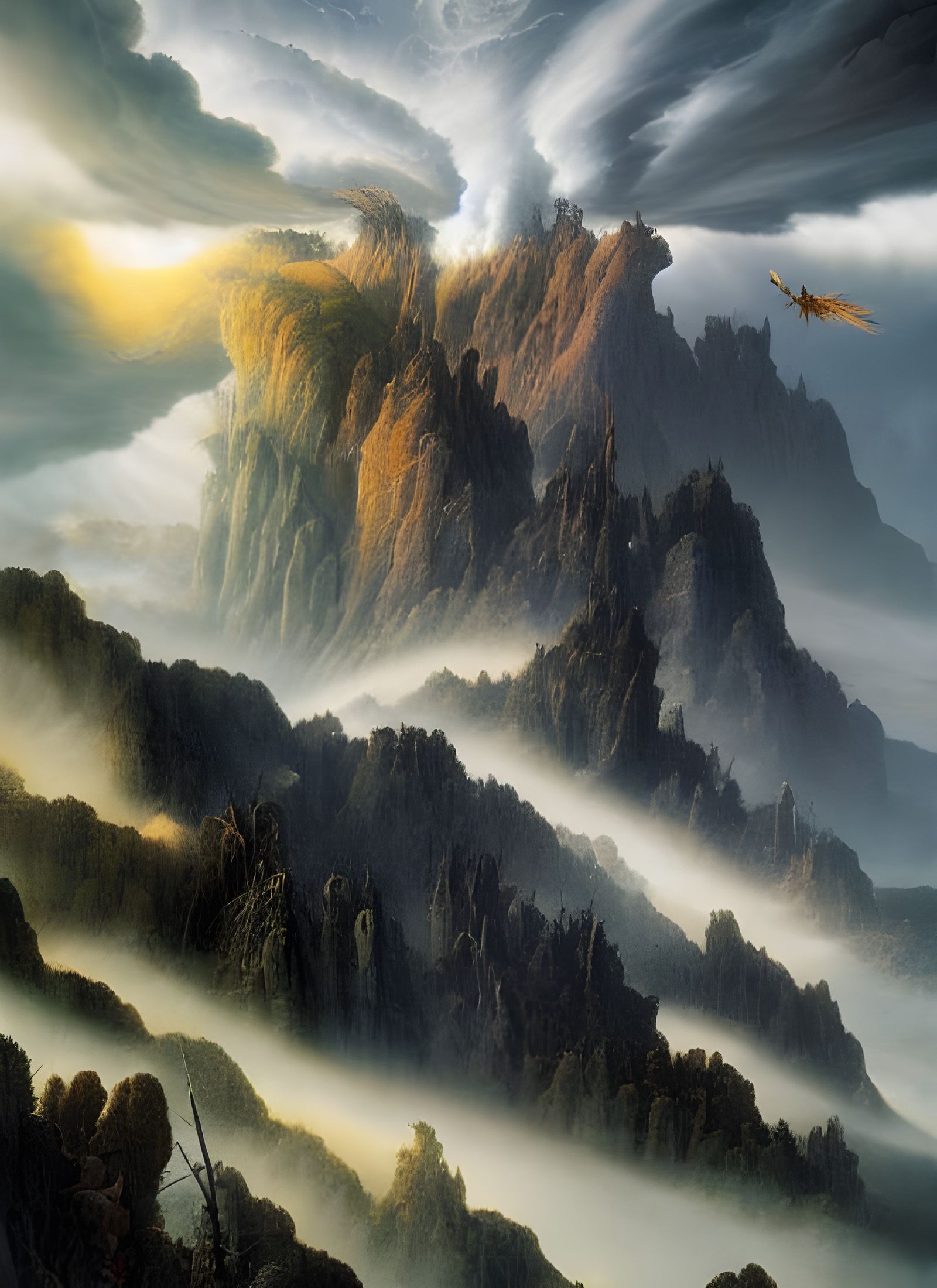 Majestic Mountain Vista with Rain and God Rays