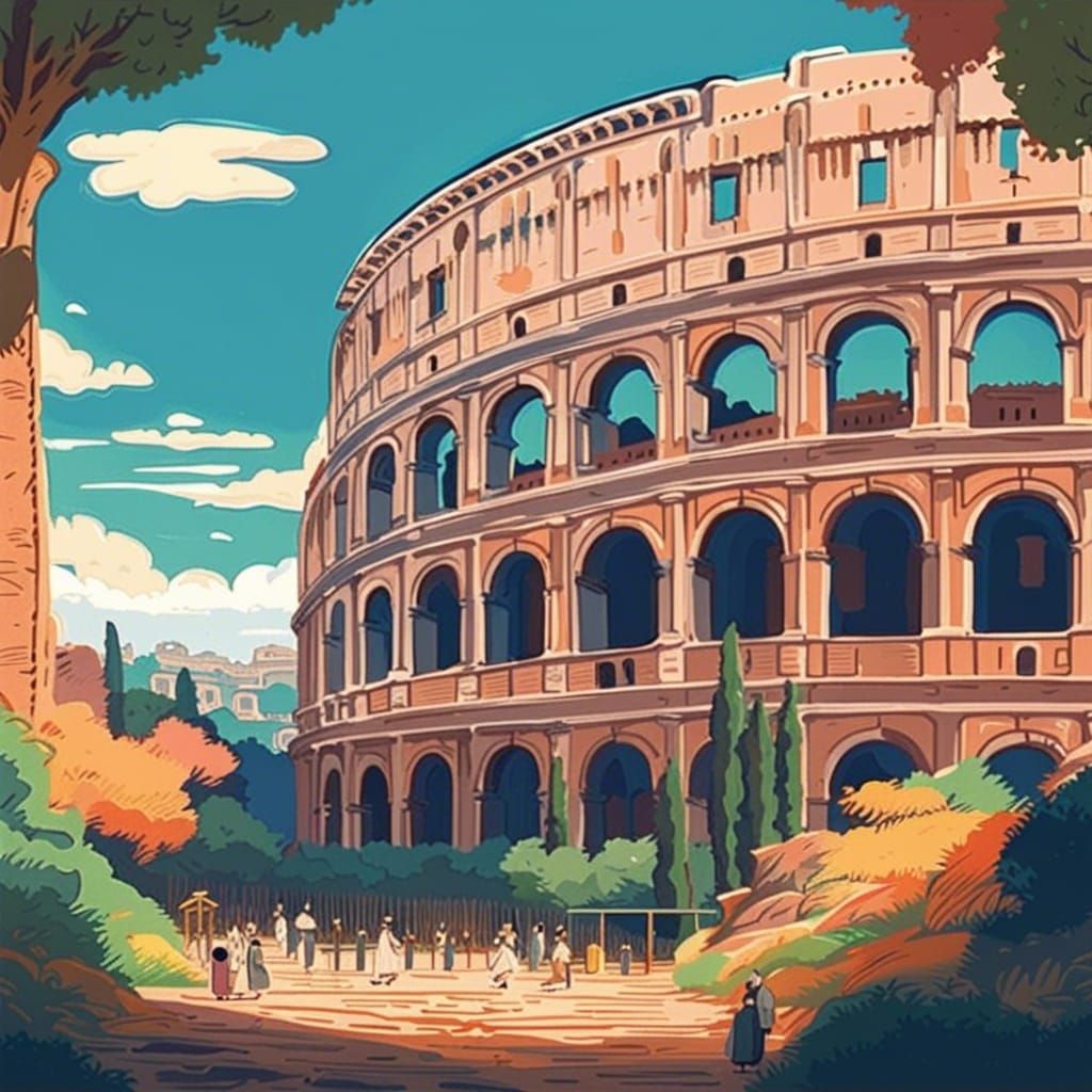 Rome Colosseum Landscape in Anime Vector Style
