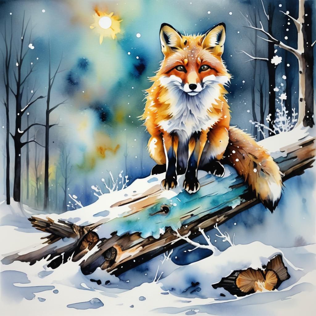 Fox in Snowy Alcohol Ink Landscape
