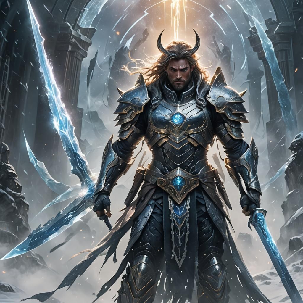 Mystical Warrior with Ethereal Swords in Futuristic Armor