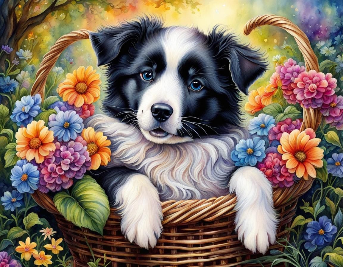 Border Collie Puppy in Basket of Flowers
