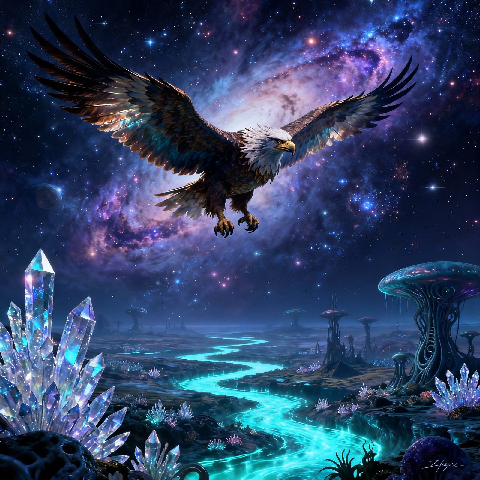 Majestic Griffin Soars Through Cosmic Nebula Sky