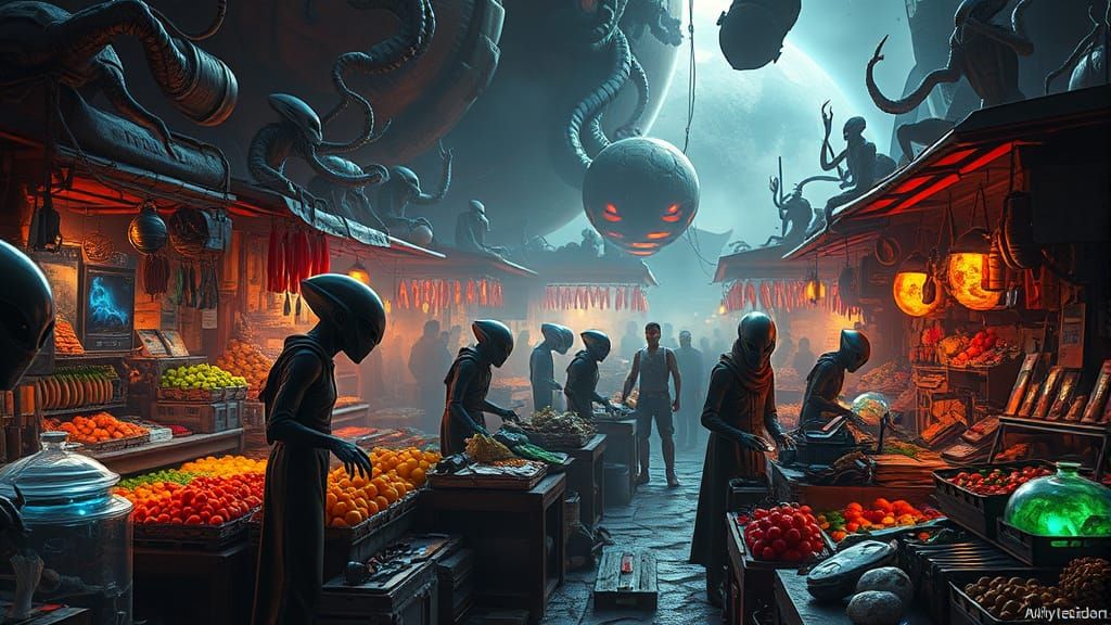 Alien Marketplace on Distant Planet in Digital Art Style