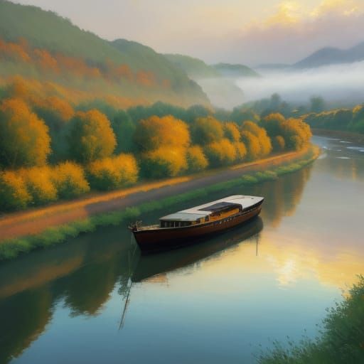 Impressionist Boat on Rhine River in Golden Light