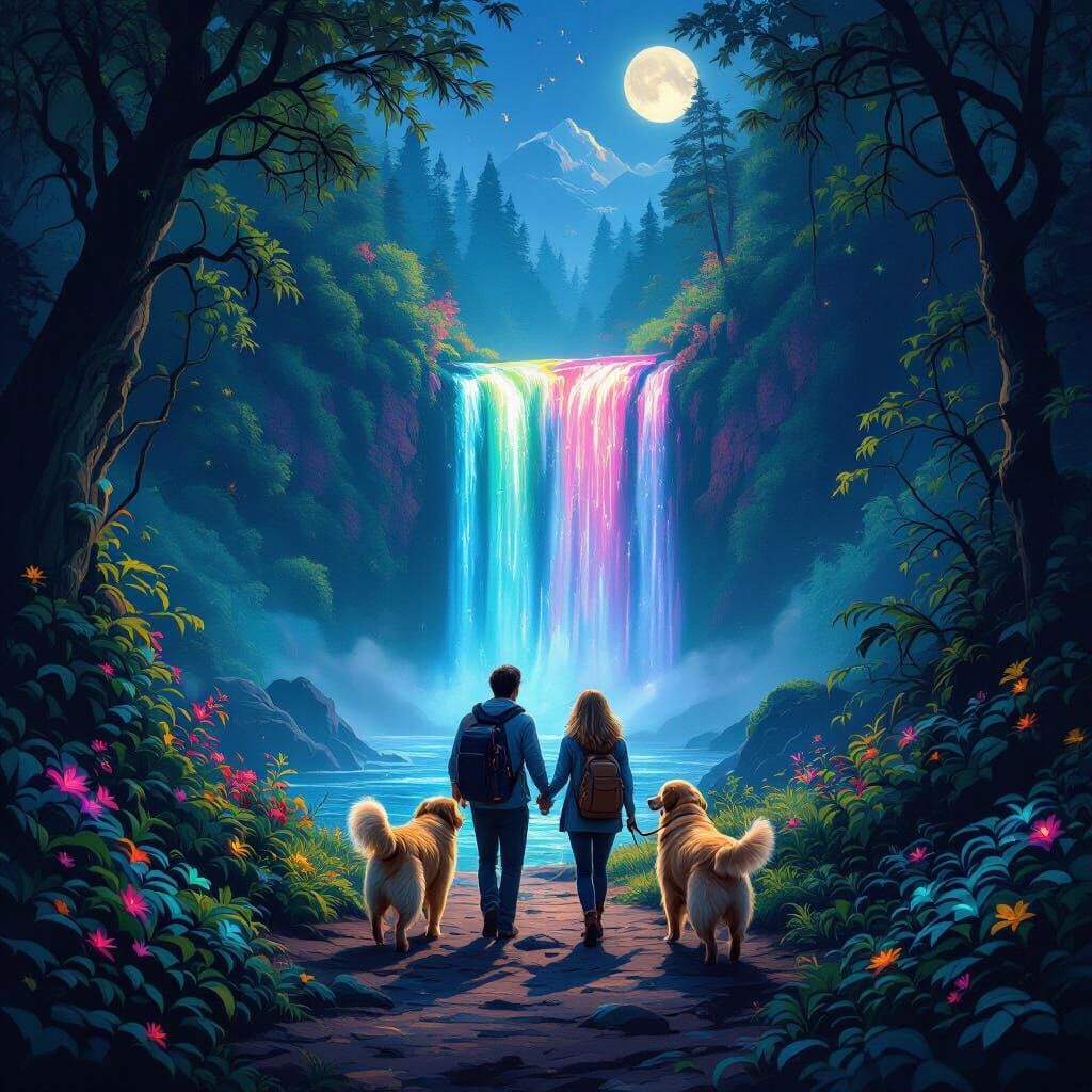 Couple Hiking to Neon Waterfall with Golden Retrievers