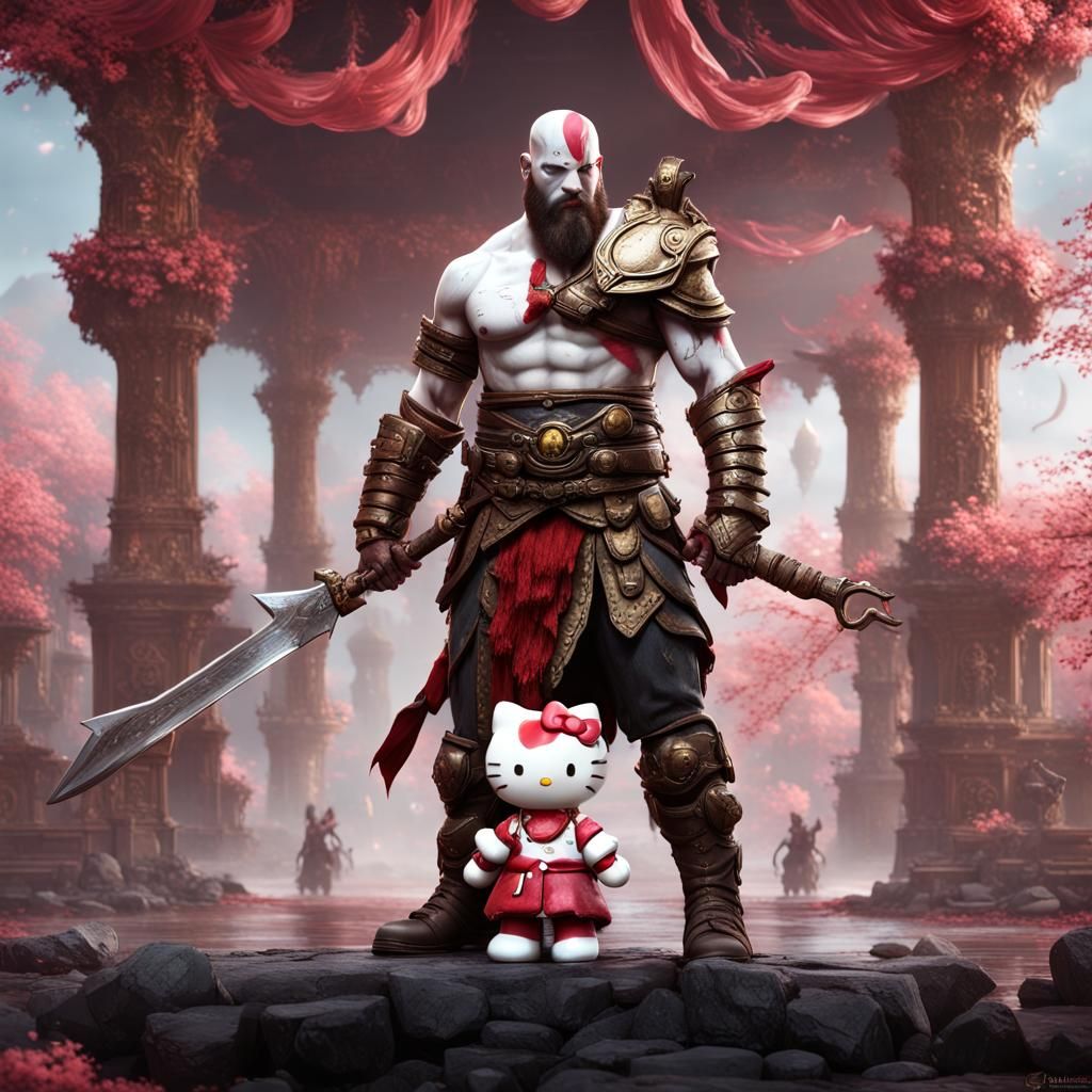 Kratos and Hello Kitty: Detailed Matte Painting