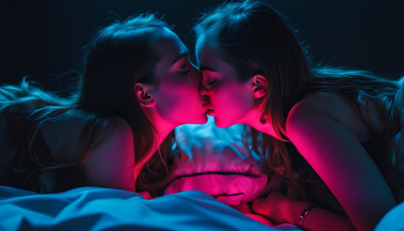 Two girls kissing each other,  everything visible,  both lying on the bed, dim light, neon