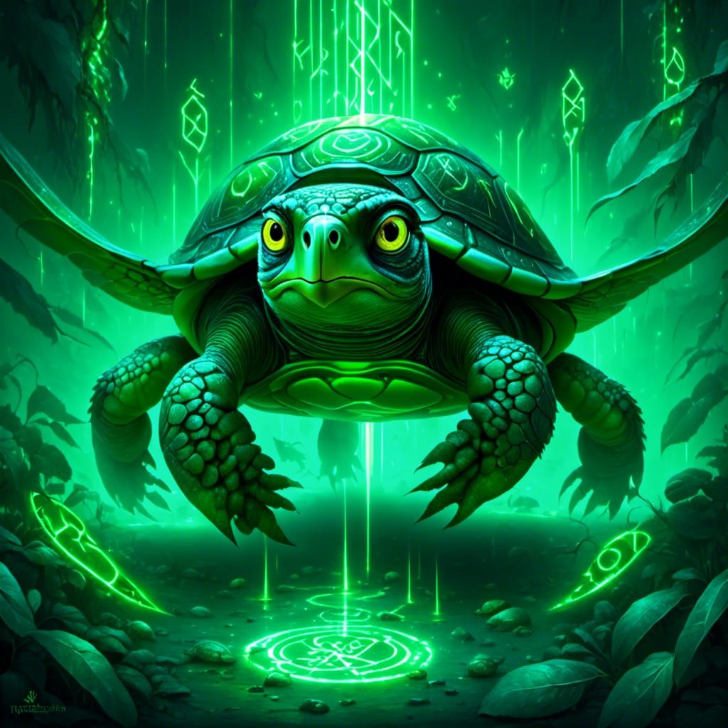 Turtle-Owl Hybrid with Glowing Runes