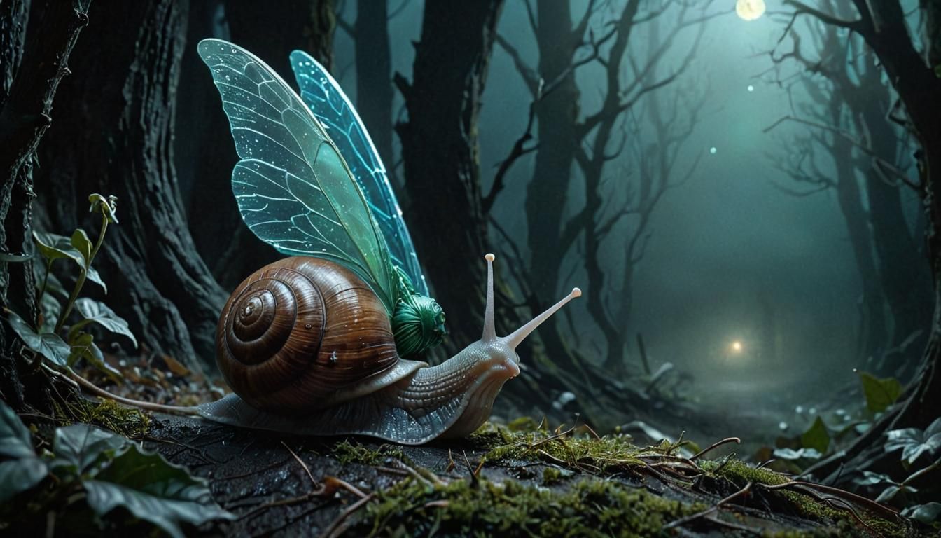 Dark and Mysterious Christmas Fairy Rides a Snail in a Haunt...
