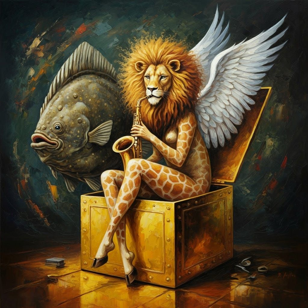 Vibrant Impasto Artwork with Flounder, Lion, and Winged Crea...