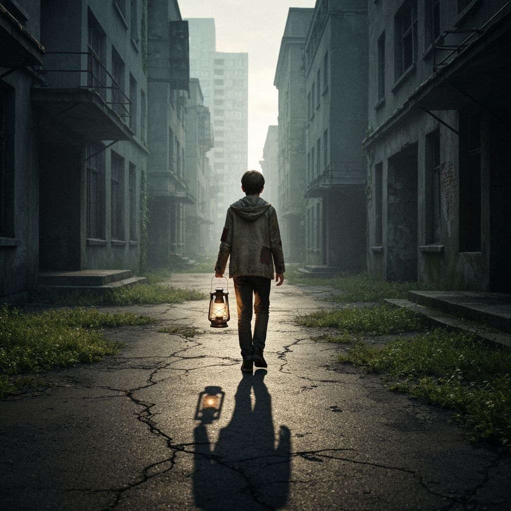Melancholy Boy in Overgrown Cityscape with Lantern