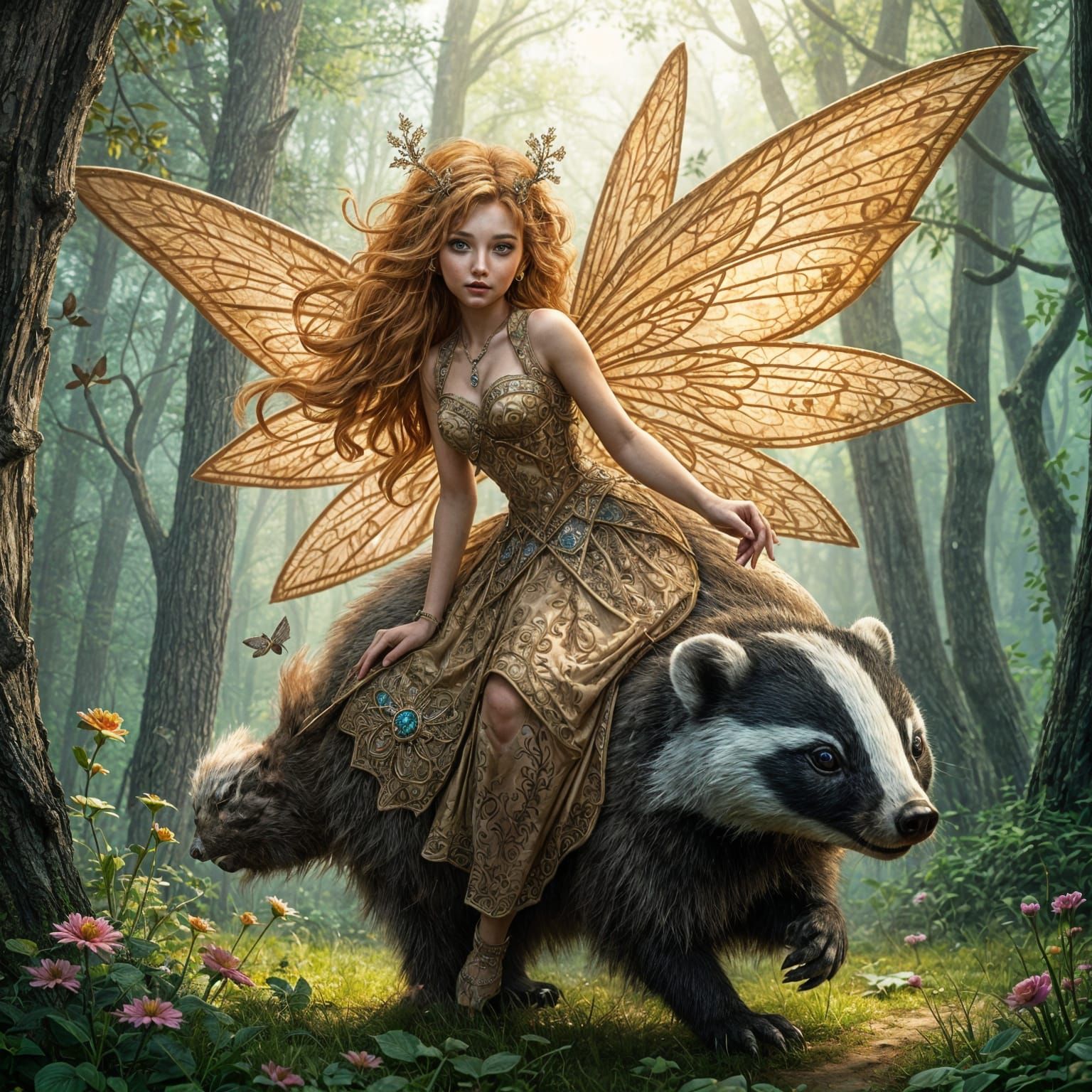 Fairy Woman Rides Badger in Photorealistic Style