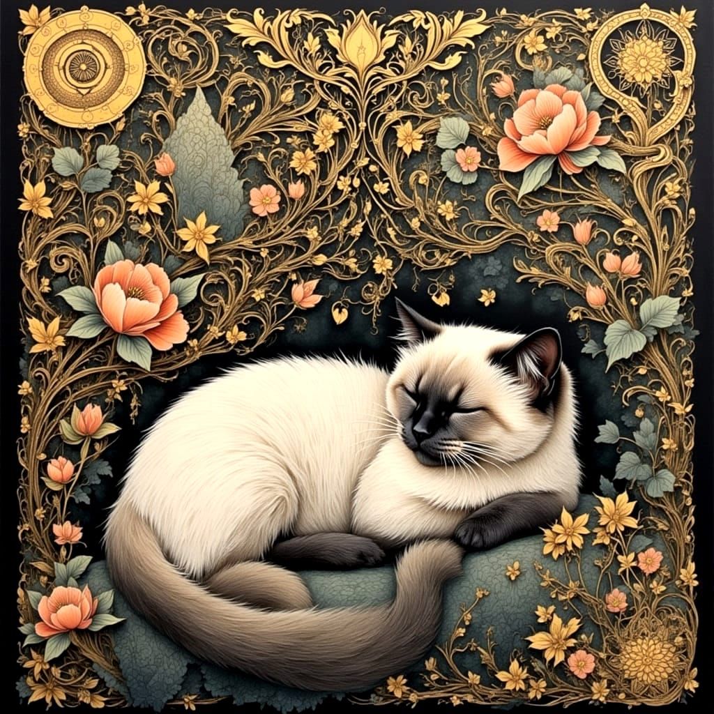The Sleeping Siamese Cat with Ornate Thai Patterns