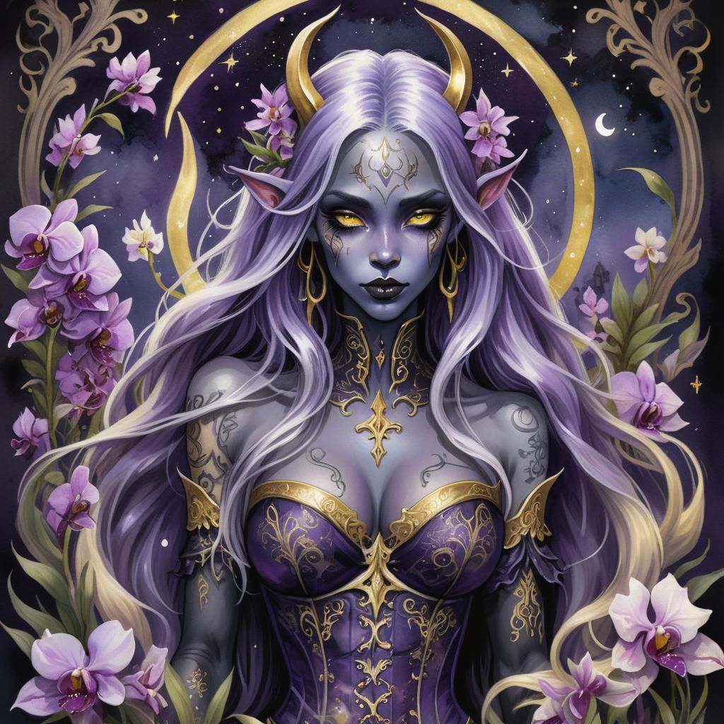 Drow with Grimoire in Orchid Meadow Watercolor
