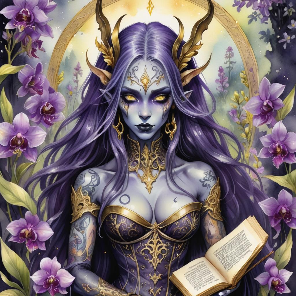 Drow in Orchid Meadow: Dark Comic Watercolor