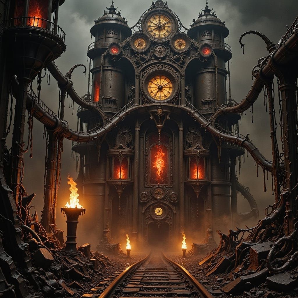 Steampunk Glass Silos and Clock Train on Railway to Hell